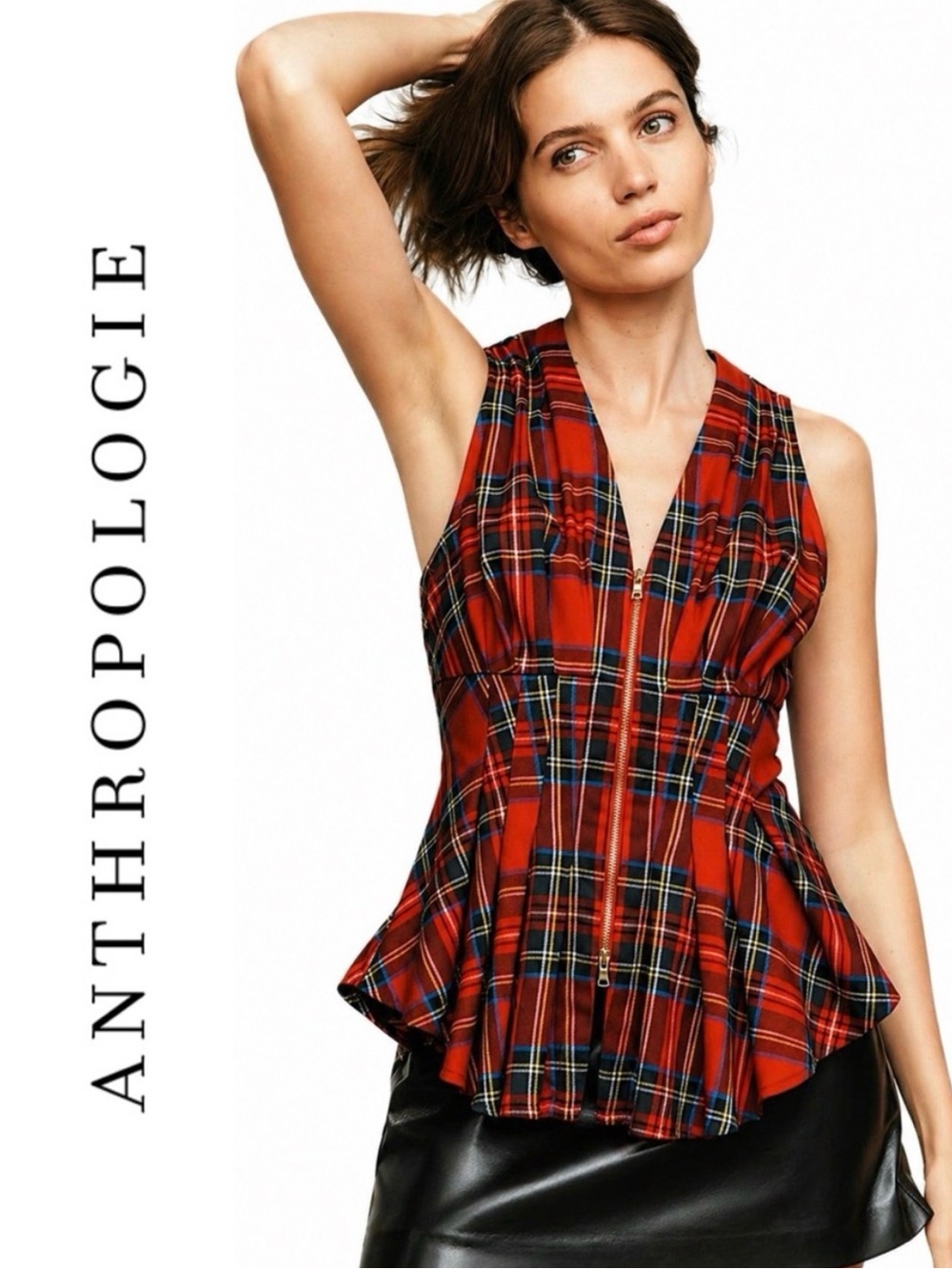 Anthropologie maeve Red Plaid Zip-Front Peplum Camisole